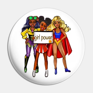 Girl power anime girl cheerleader, superhero and explorer - diverse group with Afro hair in puffs, blond hair, black hair, dimples, brown eyes and green eyes Pin