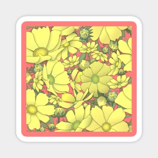 Tossed Yellow Cosmos Wildflowers on Deep Blush Pink Magnet