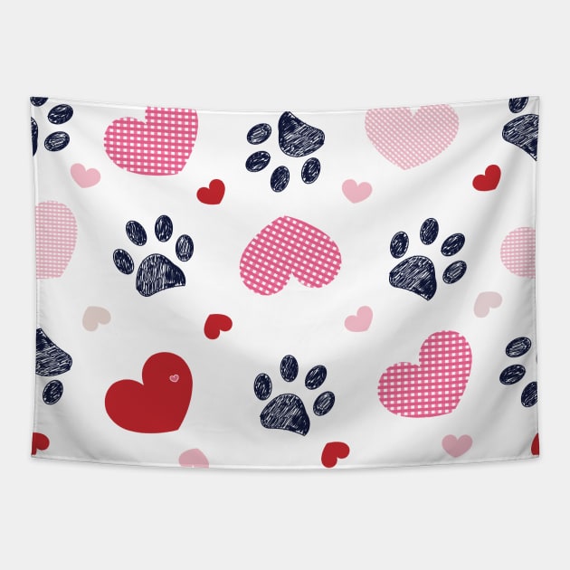 Plaid pink red hearts and doodle paw print Tapestry by GULSENGUNEL