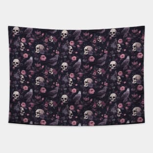 Skulls, Birds and Flowers Pattern Print Tapestry