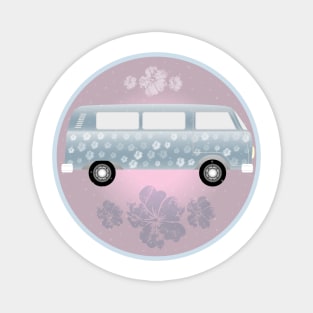 Summer feeling retro van with hibiscus flowers and soap bubbles on light pink circle Magnet