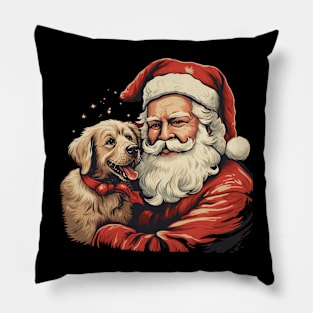 Merry Christmas Retro Santa Claus with Puppy Golden Retriever Pillow