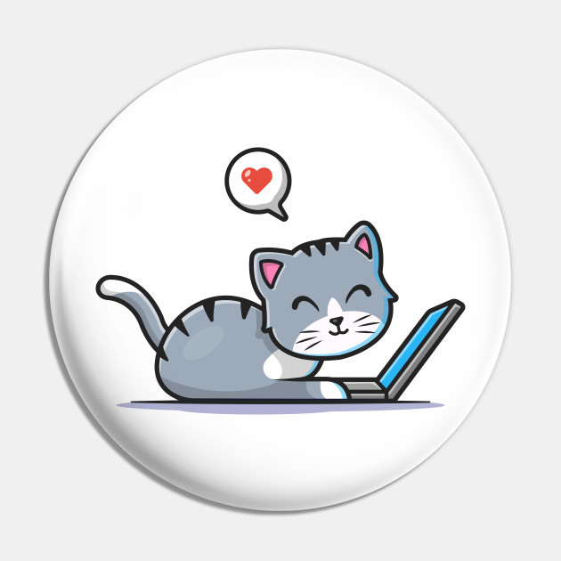 Cute Cat Working On Laptop With Coffee Cup Cartoon Vector Icon