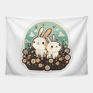 Happy Rabbits in Garden Kawaii Tapestry