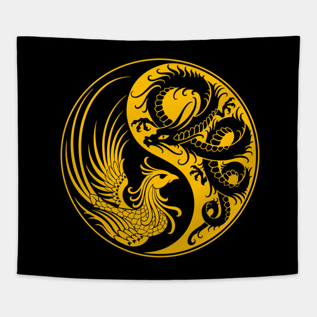 Yellow And Black Dragon Phoenix Yin Yang Yin Yang Tapestry