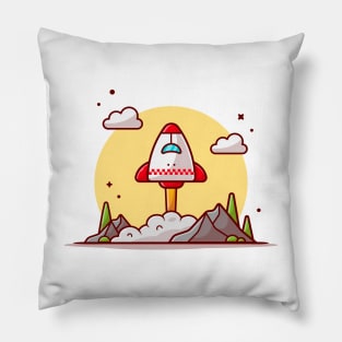 Space Shuttle Taking Off with Clouds, Mountain and Tree Space Cartoon Vector Icon Illustration Pillow