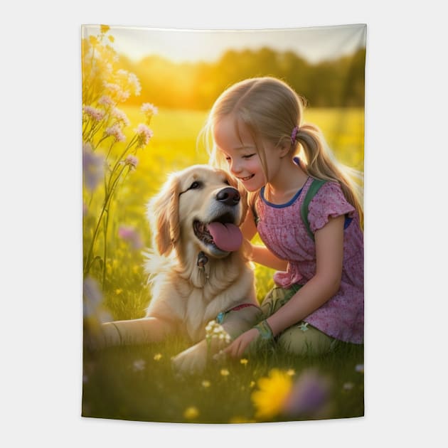 child hanging out with a dog. Tapestry by MeriemBz