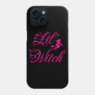 Lil' witch; little witch; girl; Halloween; trick or treater; cute; hot pink; black; witches; broom; magic; Phone Case