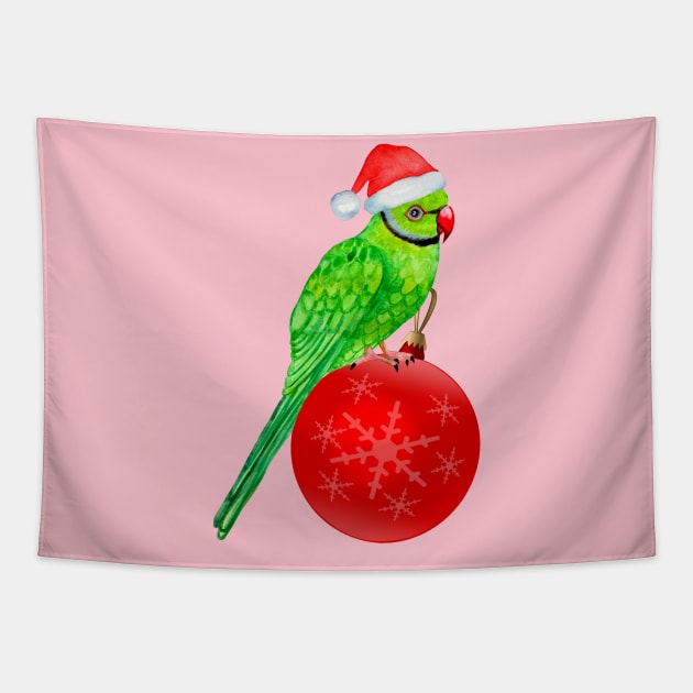 Cute Christmas Ringneck Parrot in Santa Hat for Bird Lover Tapestry by IvyLilyArt