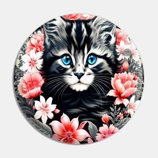 Black and Grey Kitten Surrounded by Spring Flowers Pin
