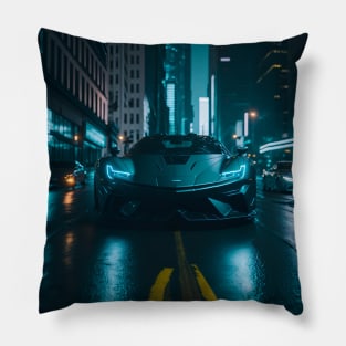 Chicago Night Ride Teal Sports Car Pillow