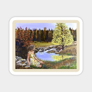 Woman girl seated by forest pond landscape painting peaceful relaxed zen yoga buddhism Magnet