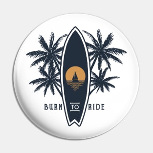 Summer, Sunset, Surfboard And Palms. Double Exposure Style Pin