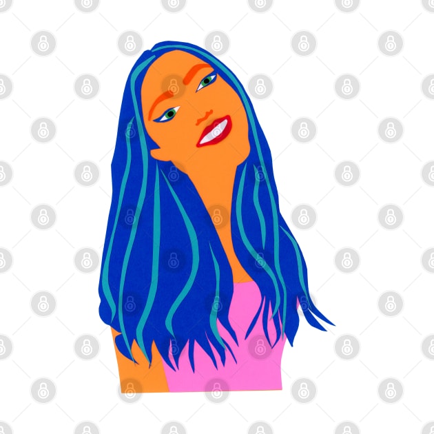 Beautiful Woman Blue Hair Paper Cut Out Original Art by VegShop