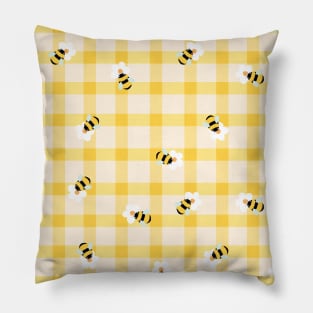 Pastel Yellow Honey Bee Cottage Picnic Gingham Pattern Pillow