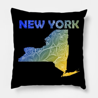 Colorful mandala art map of New York with text in blue and yellow Pillow