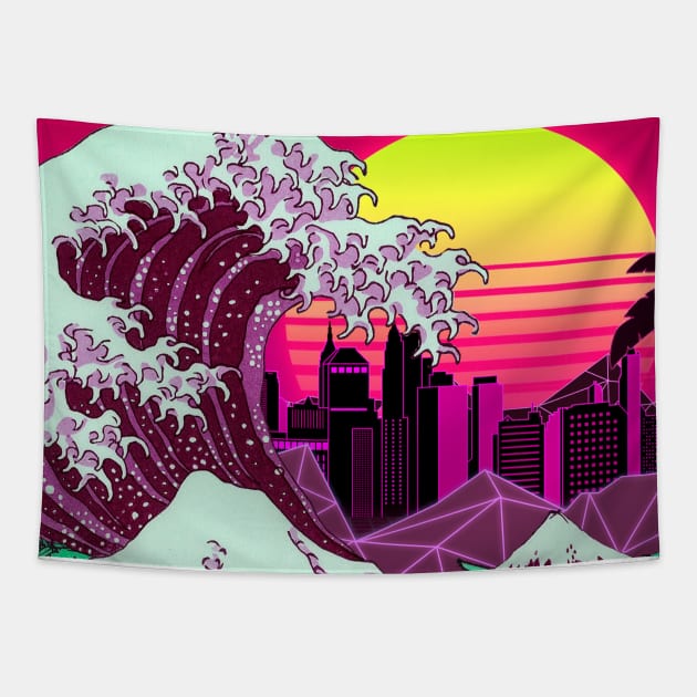 The Great RetroWave off Kanagawa Tapestry by Kiboune