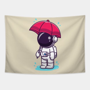 Cute Astronaut Holding Umbrella In the Rain Cartoon Tapestry