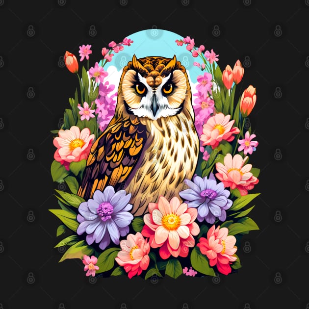 A Cute Short Eared Owl Surrounded by Bold Vibrant Spring Flowers by BirdsnStuff