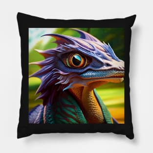 Purple, Green and Yellow Scaled Jungle Dragon with Big Eyes Pillow