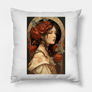 Japanese Princess Surrounded by Roses Pillow