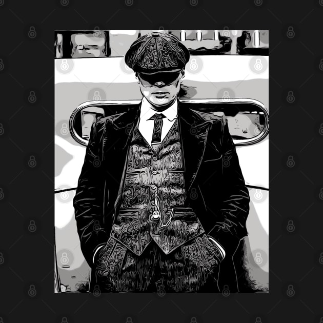 well shelved, thomas shelby leans against a car with his hands in his pants and hat pulled deep into his face as abstract art (vers. 2) by ComicPrint