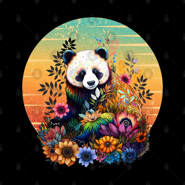 Colorful funny Panda with Sunset, floral tattoo, panda bear rainbow color, colored by Collagedream