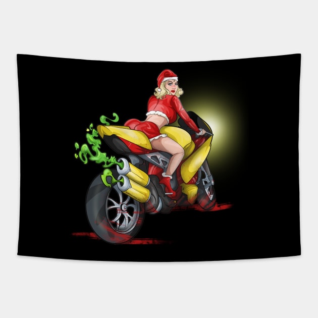 Christmas Motorcycle Babe Biker Girl Santa Tapestry by Trendy Black Sheep