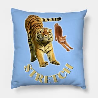 Stretch exercise by a tiger and a cat - gold text Pillow