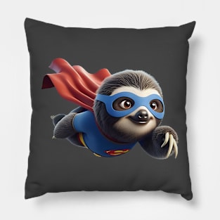 A sloth wearing a superhero cape and mask, flying clumsily through the sky Pillow