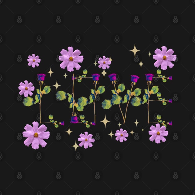 Love pink  roses on stems with gems and purple flowers black bg by VantaTheArtist