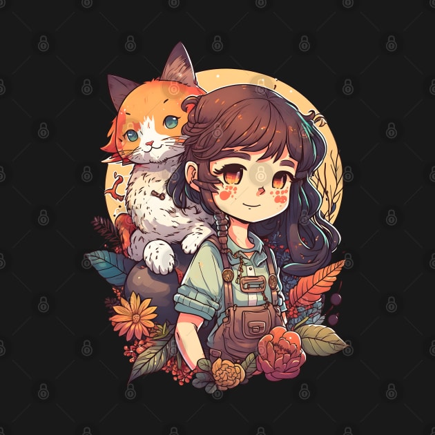 Girl & Ginger Cat Kawaii Anime Floral Cat Lover by Ai Wanderer