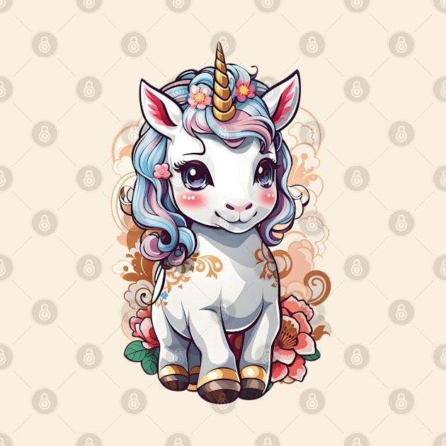 Cute Unicorn with Flowers and Swirls by Leon Star Shop