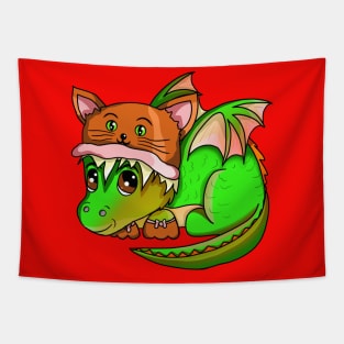 Cute Green Baby Dragon Wearing a Cat Hat Tapestry