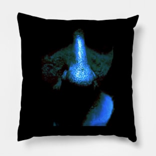 Portrait, digital collage and special processing. Close up to face, nose. Weird and dark. Green, blue, bright reflexes. Pillow