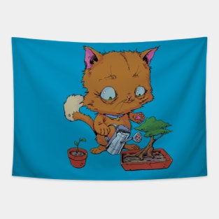 Orange Cat Watering a Bonsai Tree and Plants Tapestry