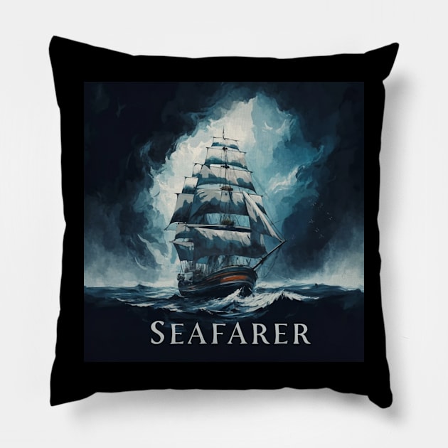 Sea Travel Ship Sailing Through The Deep Blue Sea Pillow by Abeer Ahmad