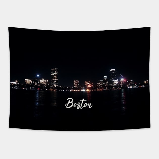Boston Skyline at night Tapestry by BoogieCreates