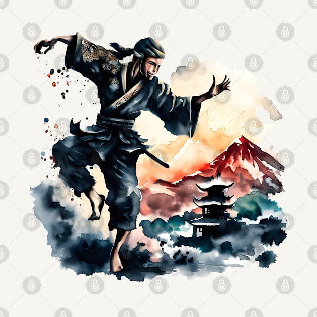 Fighting japanese ninja watercolor design by Ravenglow