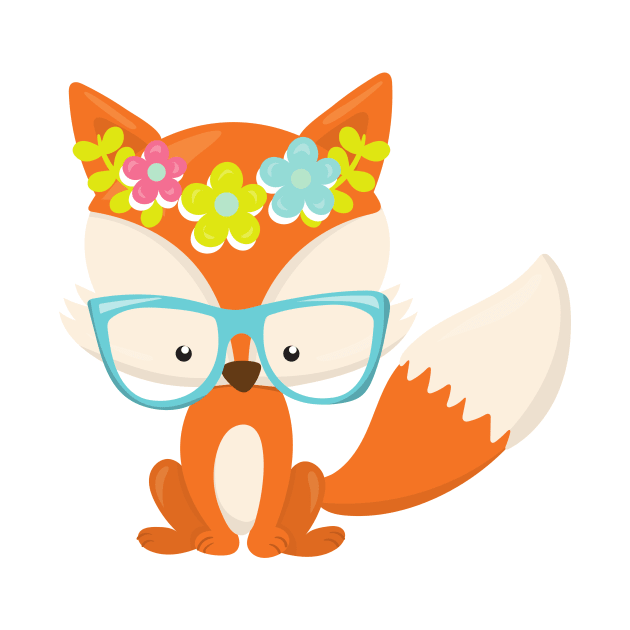 Hipster Fox, Fox With Glasses, Colorful Flowers by Jelena Dunčević