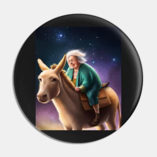 Old Woman Riding a Donkey Art Print Pin