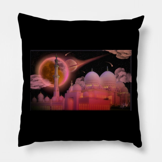 A Aesthetic Pink Night Sky Embraces Beautiful Mosque Pillow by UrbaneWanderlust