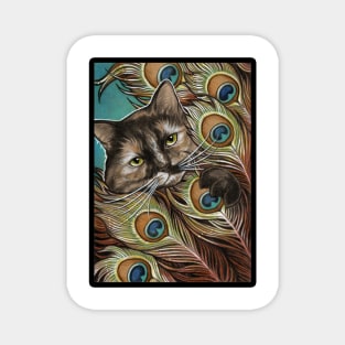 Tortie Cat and Peacock Feathers - Black Outlined Version Magnet