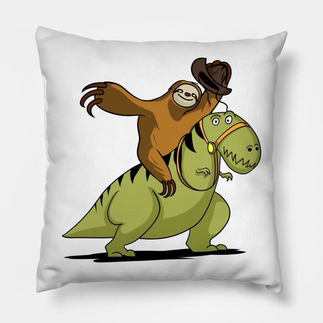 Sloth Cowboy Riding T-Rex Dinosaur Pillow by underheaven