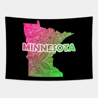 Colorful mandala art map of Minnesota with text in pink and green Tapestry