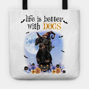 Dachshund Witch Hat Life Is Better With Dogs Halloween Tote