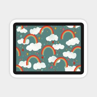 Clouds, rainbows and love hearts on a pink background Magnet