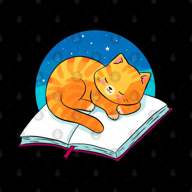 Cute ginger cat sleeping on a book by Yarafantasyart