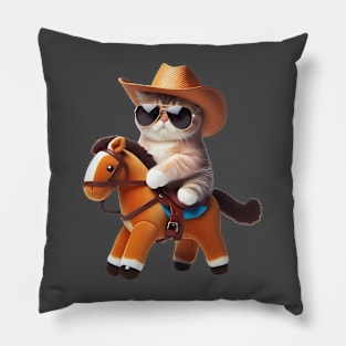 A cat wearing sunglasses and a cowboy hat riding a toy horse Pillow