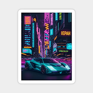 Dark Neon City Sports Car Magnet